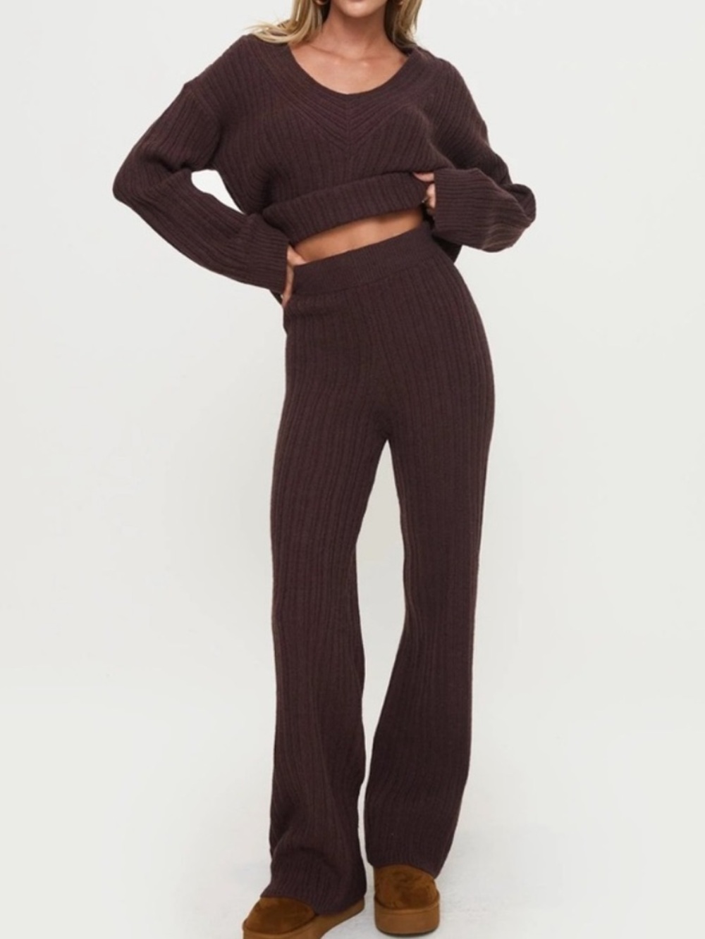 Princess Polly Chocolate Rib-Knit Wide-Leg Pants